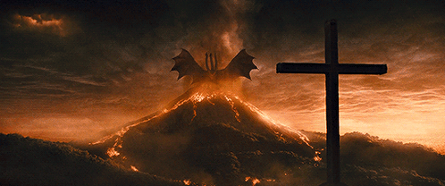 Cross in Front of Volcano and Dragon