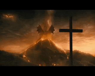 Cross in Front of Volcano with Dragon