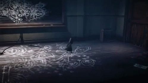 Crow in Dark Room with Chalkboard Drawings