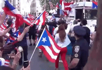 Crowd Holding Flags and Police Officer on Street