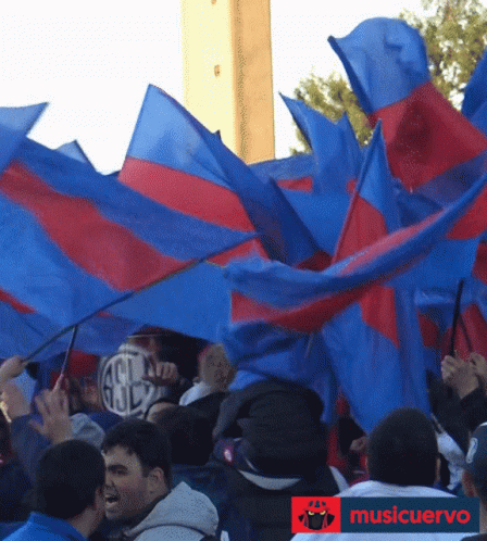 Crowd Waving Blue and Red Flags with Musicuervo Logo