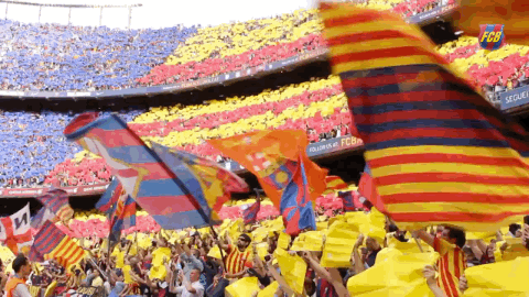 Crowd Waving Flags in Stadium With FC Barcelona Sign