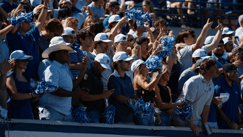 Crowd Wearing Pom Poms and Hats with Letter U