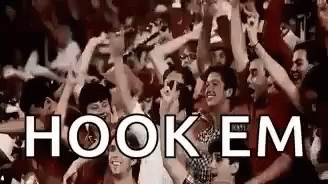 Crowd With Hands Up Saying Hook Em