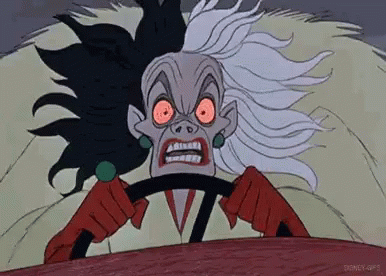 Cruella De Vil Is Driving A Car With A Very Angry Look On Her Face . GIF