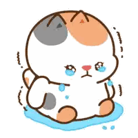Crying Cartoon Cat Sitting on Blue Blanket