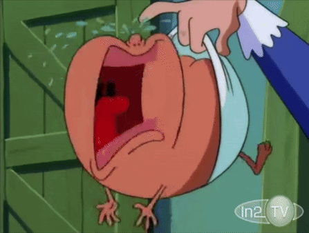 Crying Cartoon Character Held by Person In2 TV
