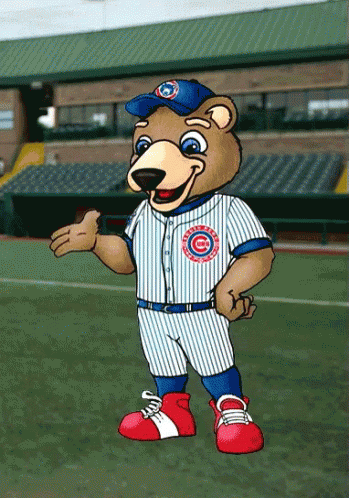 Cubs Mascot In Blue Hat And Striped Uniform GIF