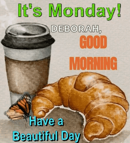 Cup Of Coffee And Croissant Saying It's Monday GIF