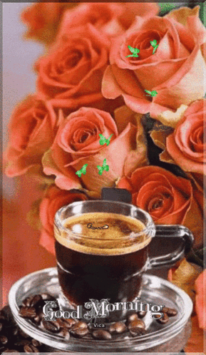 Cup Of Coffee And Roses Saying Good Morning GIF