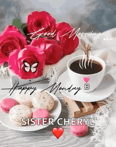 Cup Of Coffee Next To Cookies And Flowers GIF