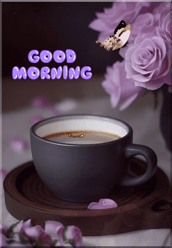 Cup of Coffee with Purple Roses