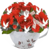 Cup of Red Roses and White Birds
