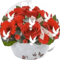 Cup of Red Roses and White Birds