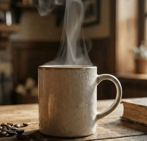 Cup of Steaming Coffee on Wooden Table