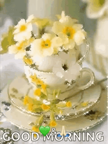 Cup of Tea with Yellow Flowers on Saucer