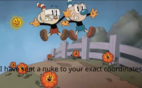 Cuphead And Snoopy Are Jumping Over A Fence In A Cartoon GIF