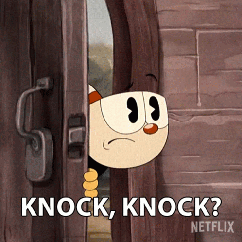 Cuphead Is Peeking Out Of A Wooden Door And Says " Knock Knock " GIF