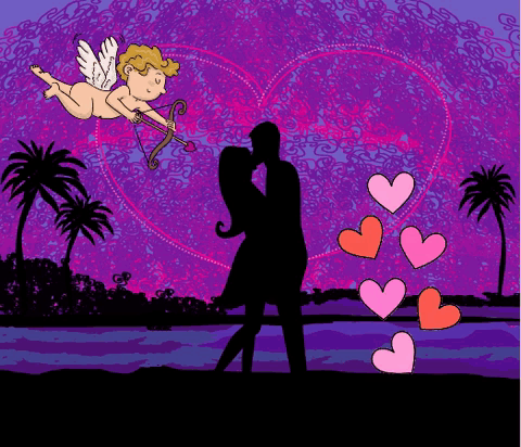 Cupid Is Aiming A Bow At A Couple Kissing GIF