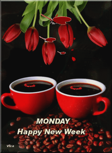 Cups Of Monday Coffee With Red Tulips GIF