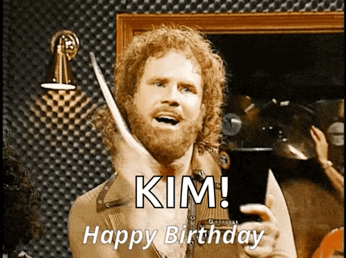 Curly Haired Bearded Man Holding Drum Stick Says Kim Happy Birthday