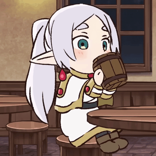 Cute Anime Elf Frieren Drinking GIF