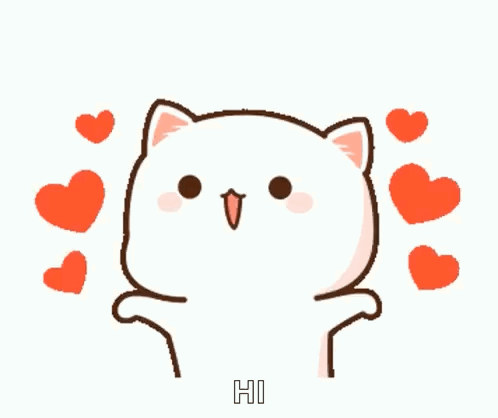 Cute Cartoon Cat Surrounded by Hearts Says Hi