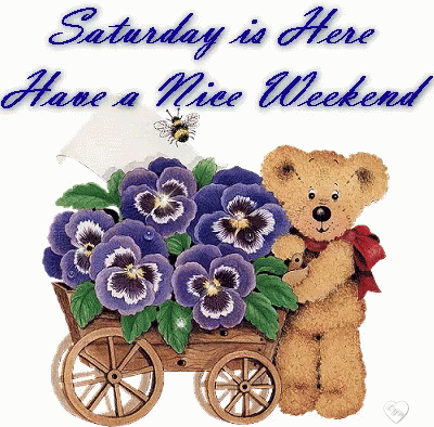 Cute Happy Saturday Bear With Wagon Of Flowers GIF