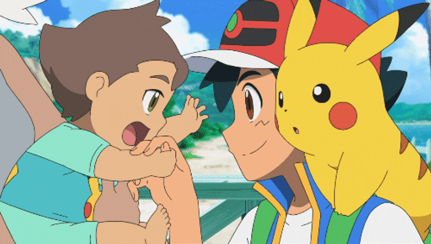 Cute Pikachu And Ash Meets Baby GIF