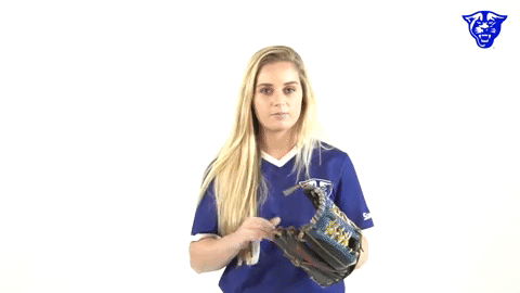 Cute Softball Girl Holding Mitt And Ball GIF
