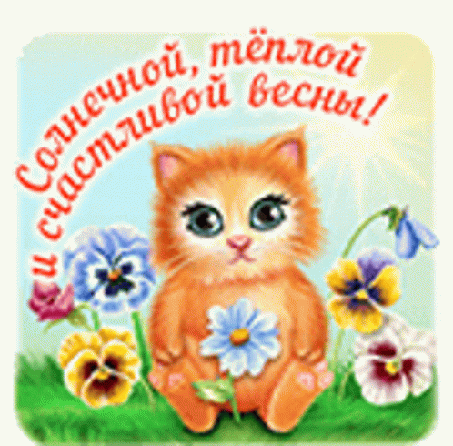 Cute Spring Cat Flowers Greeting GIF