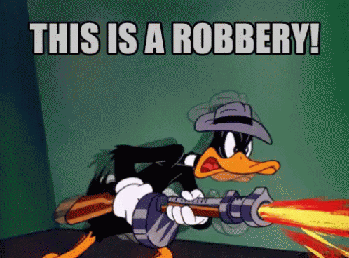 Daffy Duck Holding Gun Saying This Is a Robbery