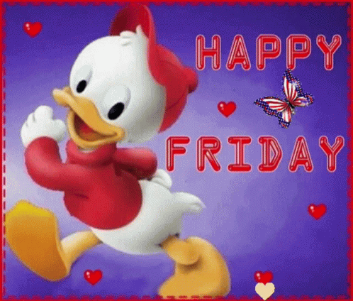 Daisy Duck Is Dancing On A Purple Background With The Words `` Happy Friday '' And A Butterfly . GIF