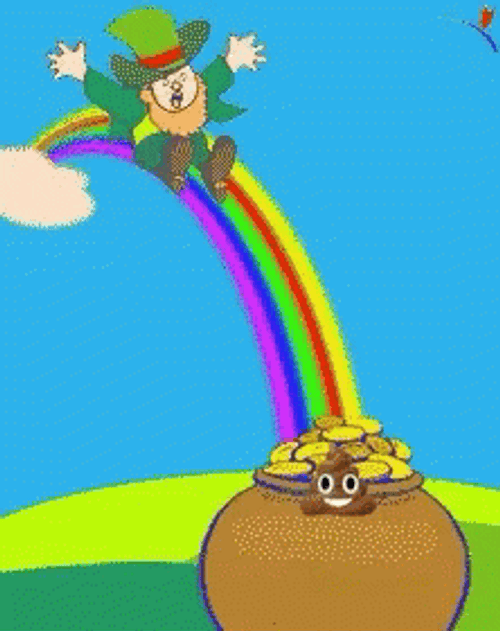 Dancing Leprechaun Sitting On Pot Of Gold GIF