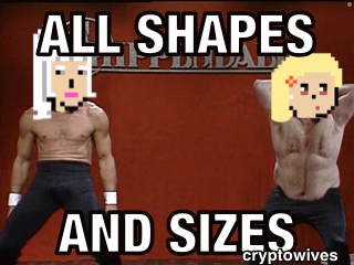 Dancing Man And Woman In Front Of All Shapes And Sizes Sign GIF