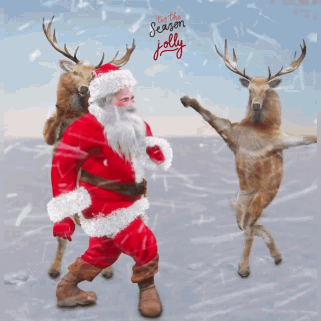 Dancing Santa And Reindeers Merry Christmas Friend GIF