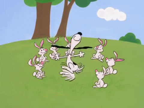 Dancing Snoopy Surrounded By Easter Bunnies GIF