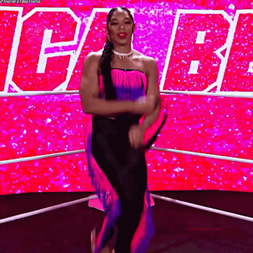 Dancing Woman in Wrestling Ring Pink Blue Dress