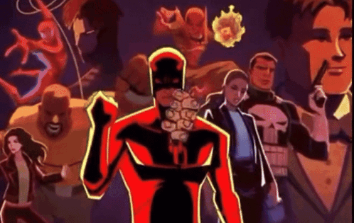 Daredevil Standing in Front of Superheroes
