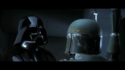 Darth Vader And Boba Fett Are Looking At Each Other In A Dark Room GIF