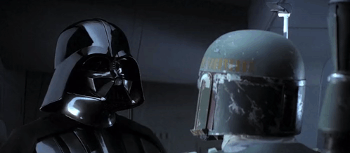 Darth Vader And Boba Fett Are Standing Next To Each Other With The Words " No Disintegrations " Below Them GIF