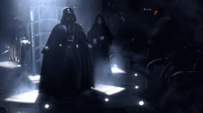 Darth Vader And Emperor Palpatine Are Standing In A Dark Room With Smoke Coming Out Of It . GIF