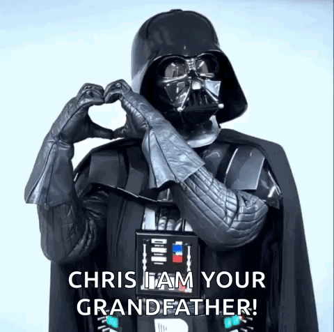 Darth Vader Is Making A Heart Shape With His Hands And Says `` Chris I Am Your Grandfather '' . GIF