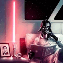 Darth Vader Is Reading A Book While Holding A Light Saber GIF