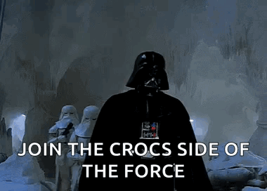 Darth Vader Is Standing In Front Of A Group Of Stormtroopers And Says `` Join The Crocs Side Of The Force '' GIF