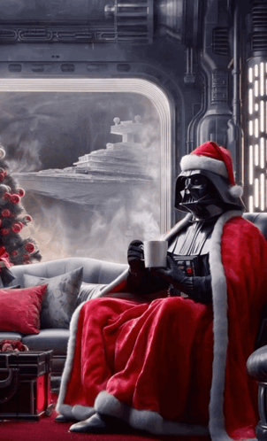 Darth Vader Is Wearing A Santa Hat And Sitting On A Couch GIF