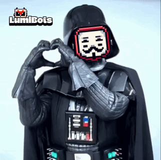 Darth Vader Making A Heart Shape With His Hands In Front Of A Logo That Says Lumibots GIF