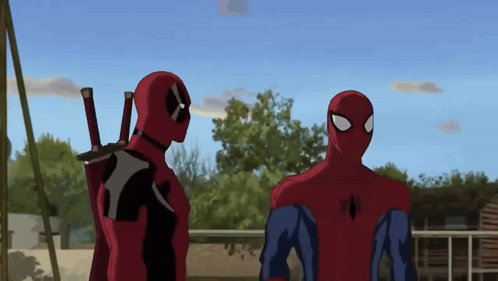 Deadpool And Spider-Man Standing Next To Each Other With Trees In The Background GIF