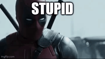 Deadpool in Mask Holding Gun Saying Stupid