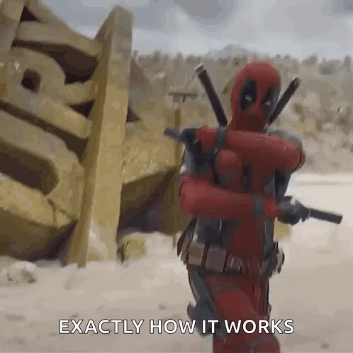 Deadpool Is Holding A Gun And Hugging A Woman In A Desert While Saying Exactly How It Works . GIF